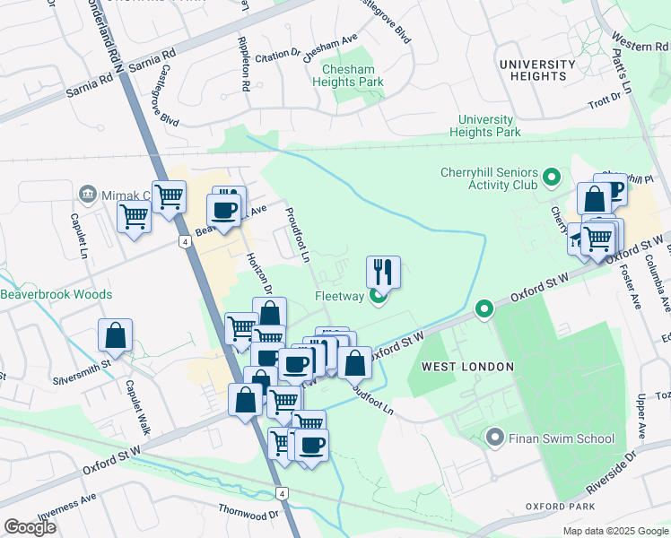 map of restaurants, bars, coffee shops, grocery stores, and more near 740 Proudfoot Lane in London