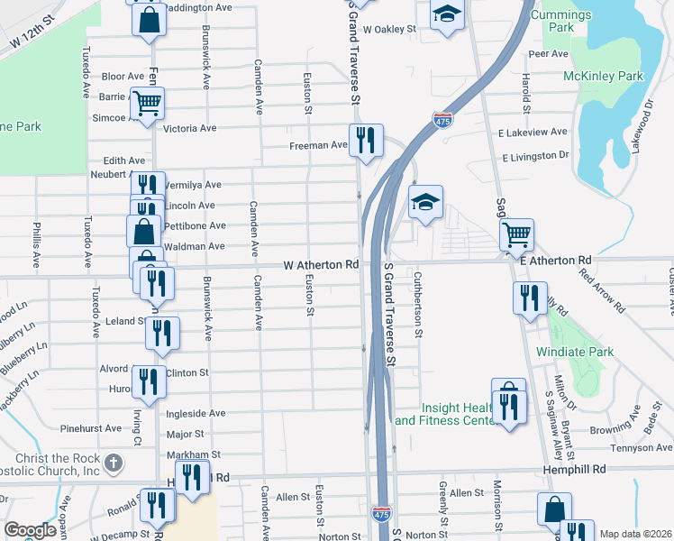 map of restaurants, bars, coffee shops, grocery stores, and more near 641 West Atherton Road in Flint