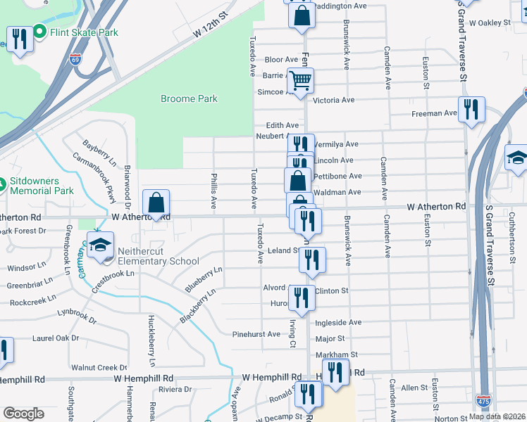 map of restaurants, bars, coffee shops, grocery stores, and more near 1122 West Atherton Road in Flint