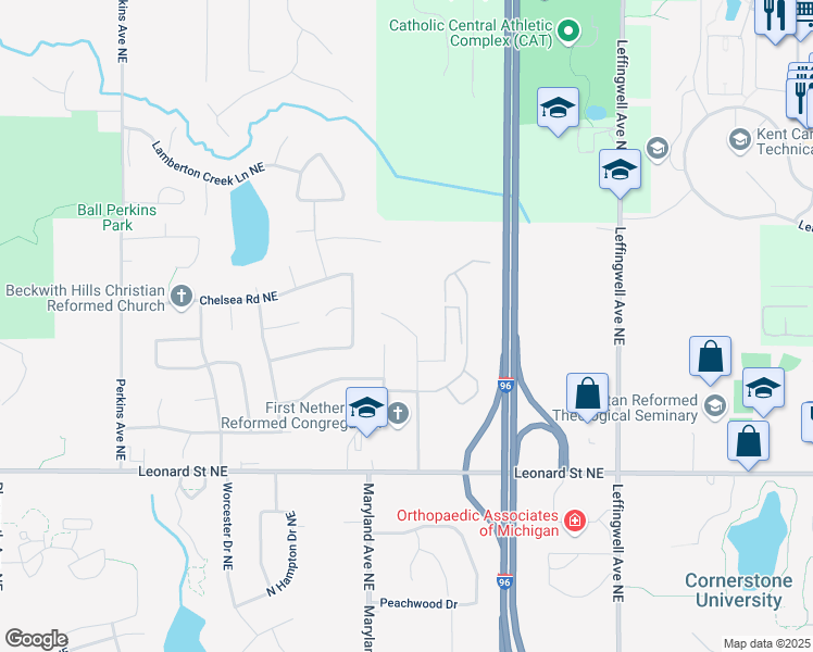 map of restaurants, bars, coffee shops, grocery stores, and more near 1471 Beckwith Avenue Northeast in Grand Rapids