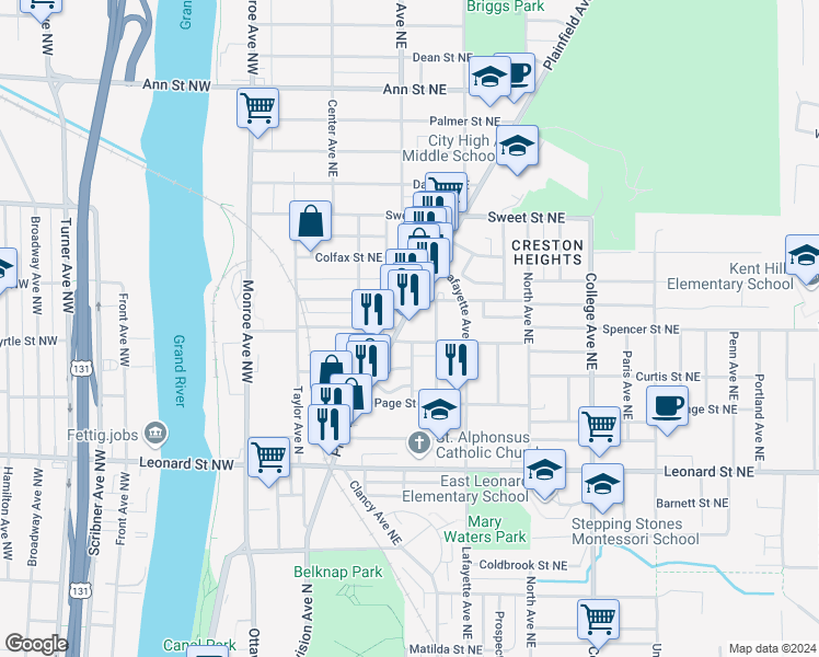 map of restaurants, bars, coffee shops, grocery stores, and more near 1403 Plainfield Avenue Northeast in Grand Rapids
