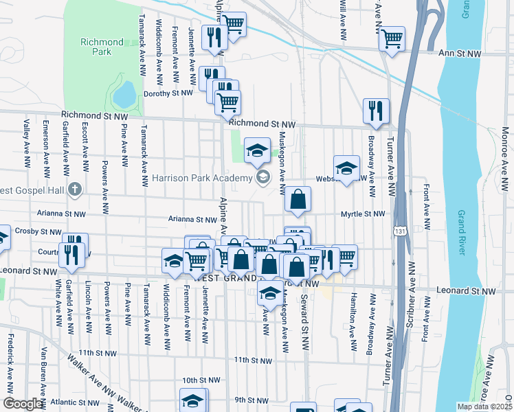 map of restaurants, bars, coffee shops, grocery stores, and more near 1351 Davis Avenue Northwest in Grand Rapids