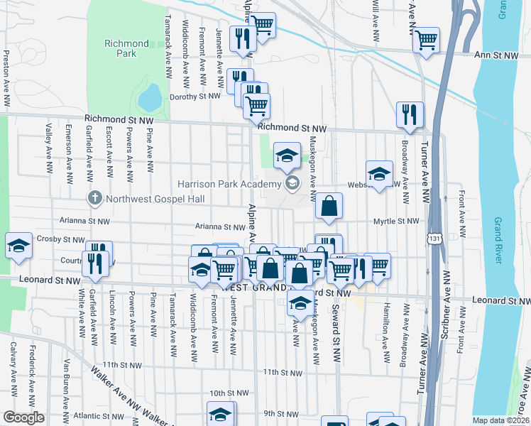 map of restaurants, bars, coffee shops, grocery stores, and more near 744 Myrtle Street Northwest in Grand Rapids