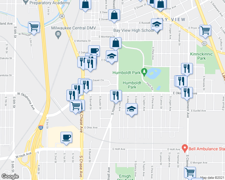 map of restaurants, bars, coffee shops, grocery stores, and more near in Milwaukee