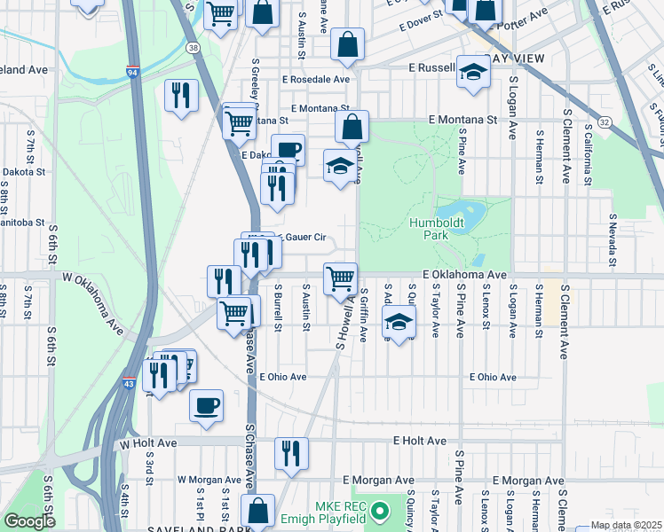 map of restaurants, bars, coffee shops, grocery stores, and more near 324 East Oklahoma Avenue in Milwaukee