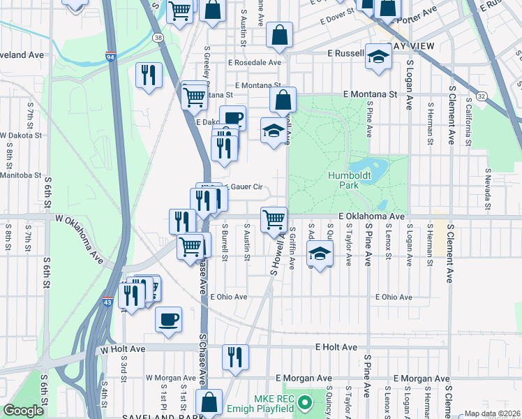map of restaurants, bars, coffee shops, grocery stores, and more near 324 East Oklahoma Avenue in Milwaukee