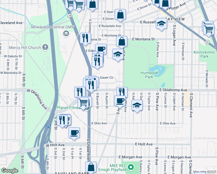 map of restaurants, bars, coffee shops, grocery stores, and more near 324 East Oklahoma Avenue in Milwaukee