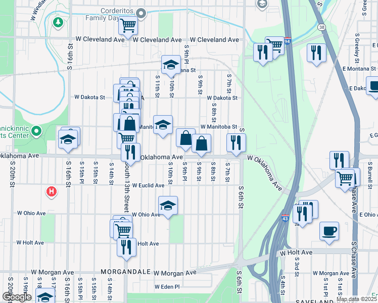 map of restaurants, bars, coffee shops, grocery stores, and more near 950 West Oklahoma Avenue in Milwaukee