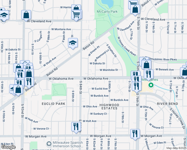 map of restaurants, bars, coffee shops, grocery stores, and more near 8208 West Oklahoma Avenue in West Allis