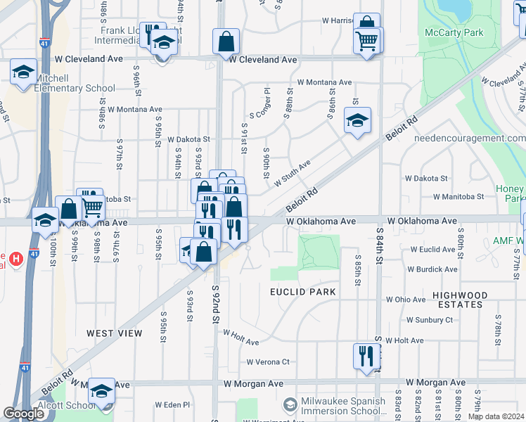 map of restaurants, bars, coffee shops, grocery stores, and more near 8940 West Oklahoma Avenue in West Allis