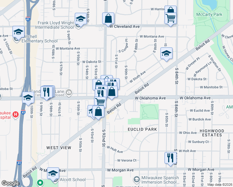 map of restaurants, bars, coffee shops, grocery stores, and more near 9104 West Oklahoma Avenue in West Allis