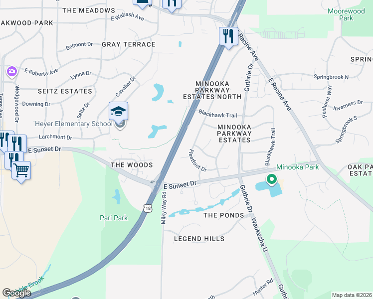 map of restaurants, bars, coffee shops, grocery stores, and more near 1501 Tomahawk Lane in Waukesha