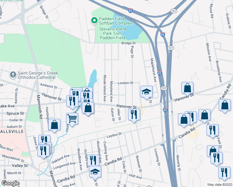 map of restaurants, bars, coffee shops, grocery stores, and more near 60 Pennsylvania Avenue in Manchester