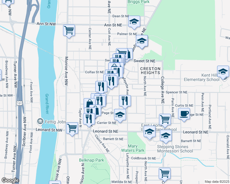 map of restaurants, bars, coffee shops, grocery stores, and more near 223 Spencer Street Northeast in Grand Rapids