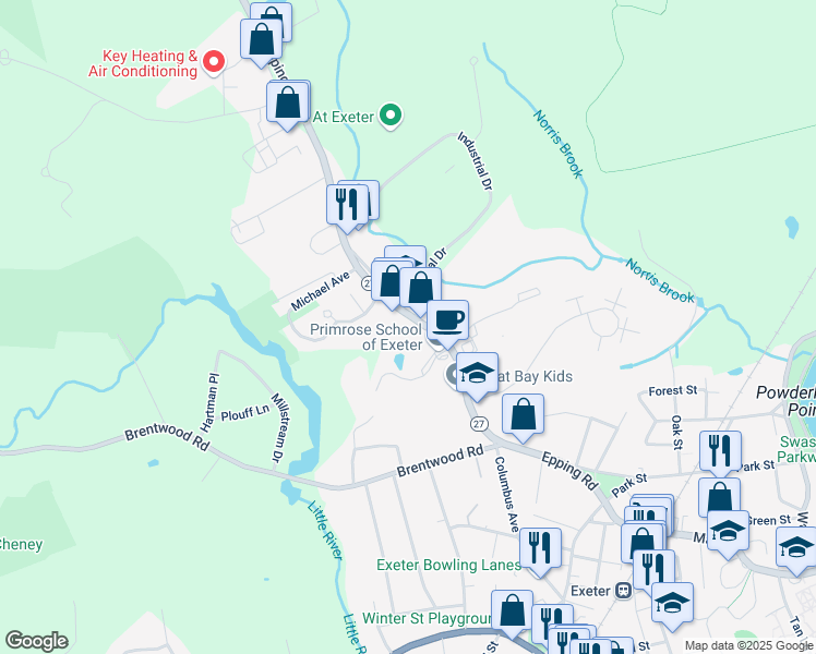 map of restaurants, bars, coffee shops, grocery stores, and more near 98 Epping Road in Exeter