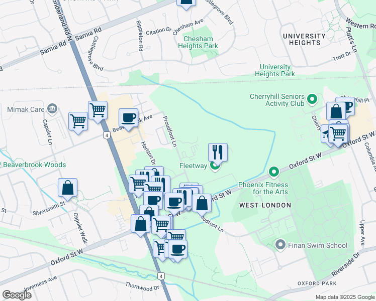 map of restaurants, bars, coffee shops, grocery stores, and more near 740 Proudfoot Lane in London