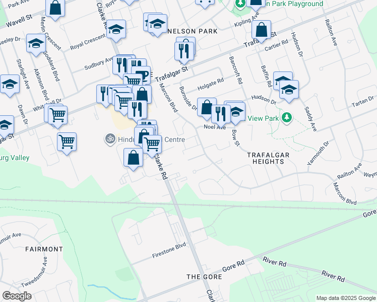 map of restaurants, bars, coffee shops, grocery stores, and more near 309 Marconi Boulevard in London