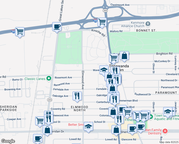 map of restaurants, bars, coffee shops, grocery stores, and more near 106 Waverly Avenue in Buffalo