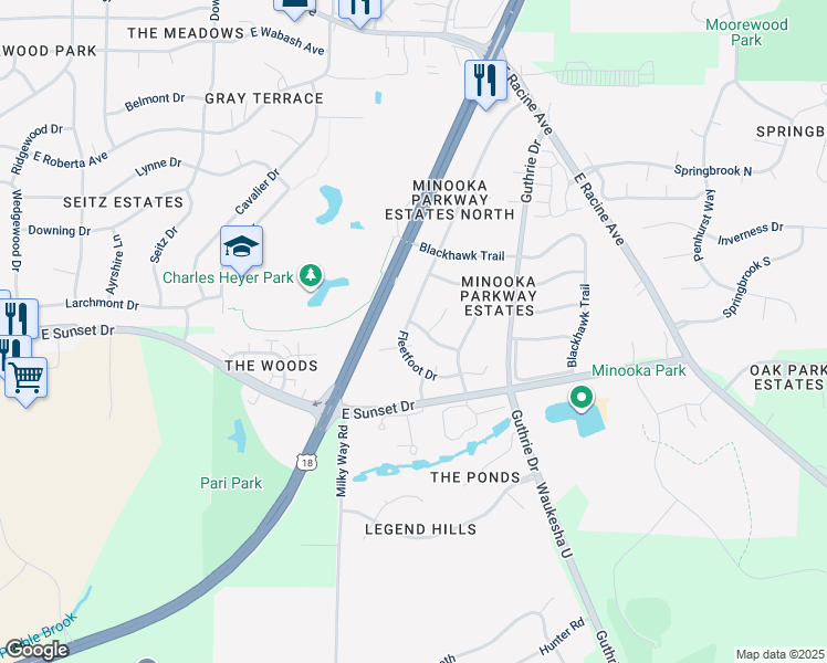 map of restaurants, bars, coffee shops, grocery stores, and more near 1501 Tomahawk Lane in Waukesha