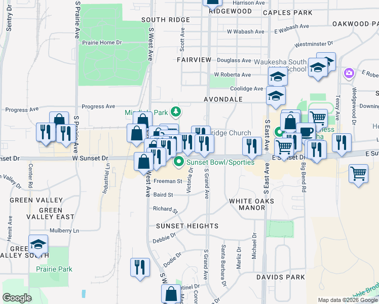 map of restaurants, bars, coffee shops, grocery stores, and more near 300 West Sunset Drive in Waukesha
