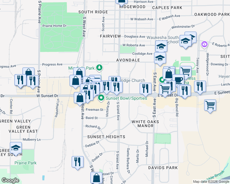 map of restaurants, bars, coffee shops, grocery stores, and more near 300 West Sunset Drive in Waukesha