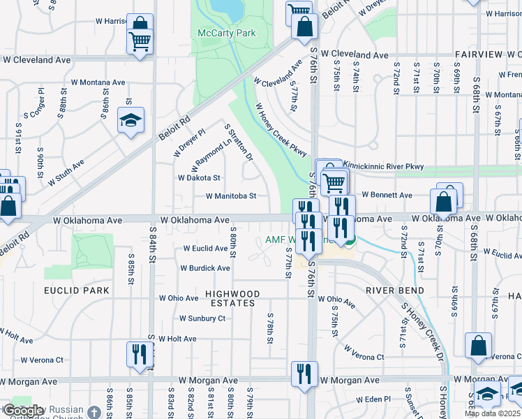 map of restaurants, bars, coffee shops, grocery stores, and more near 7814 West Oklahoma Avenue in West Allis