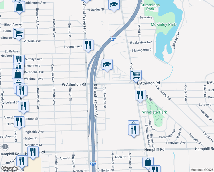 map of restaurants, bars, coffee shops, grocery stores, and more near 457 West Atherton Road in Flint