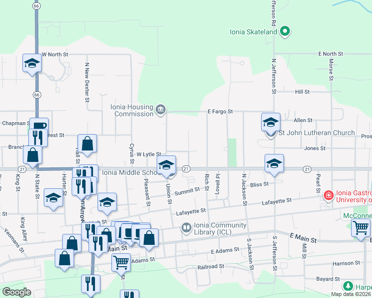 map of restaurants, bars, coffee shops, grocery stores, and more near 138 East Lytle Street in Ionia