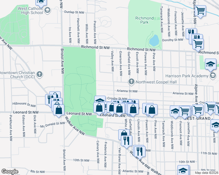 map of restaurants, bars, coffee shops, grocery stores, and more near 1313 Arianna Street Northwest in Grand Rapids