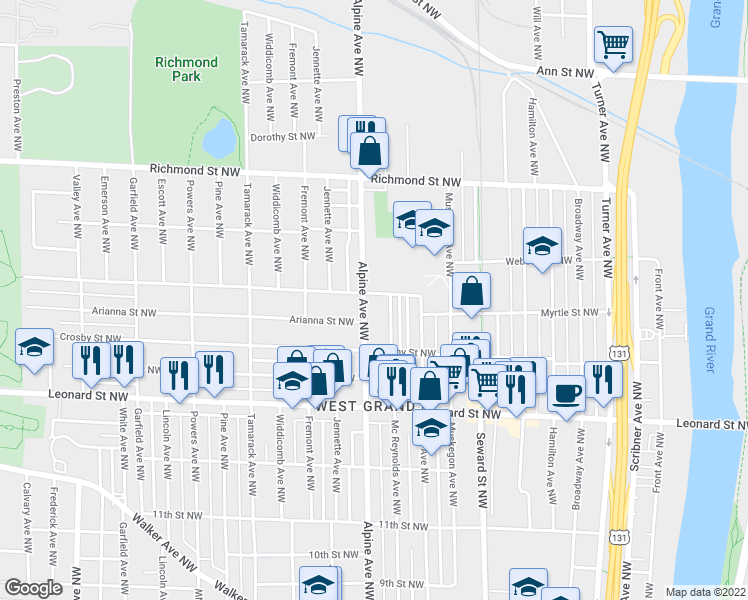 map of restaurants, bars, coffee shops, grocery stores, and more near 750 Myrtle Street Northwest in Grand Rapids