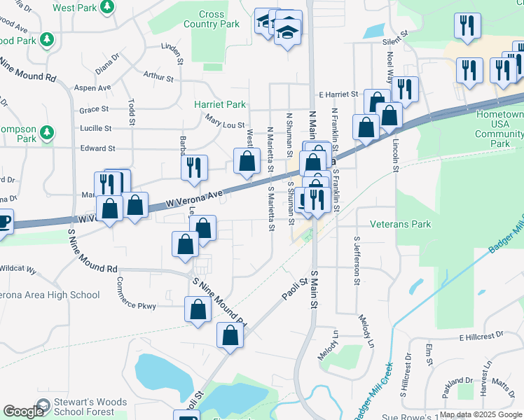 map of restaurants, bars, coffee shops, grocery stores, and more near 206 South Marietta Street in Verona