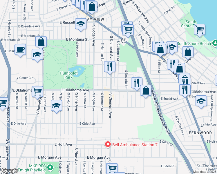 map of restaurants, bars, coffee shops, grocery stores, and more near 1208 East Oklahoma Avenue in Milwaukee