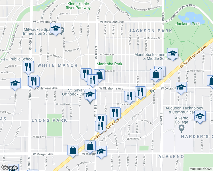 map of restaurants, bars, coffee shops, grocery stores, and more near 4930 West Oklahoma Avenue in Milwaukee