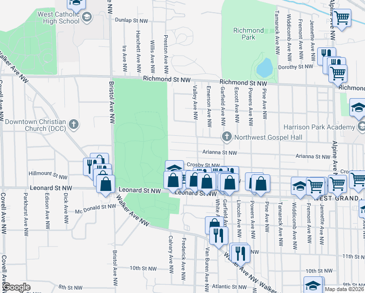 map of restaurants, bars, coffee shops, grocery stores, and more near 1313 Arianna Street Northwest in Grand Rapids