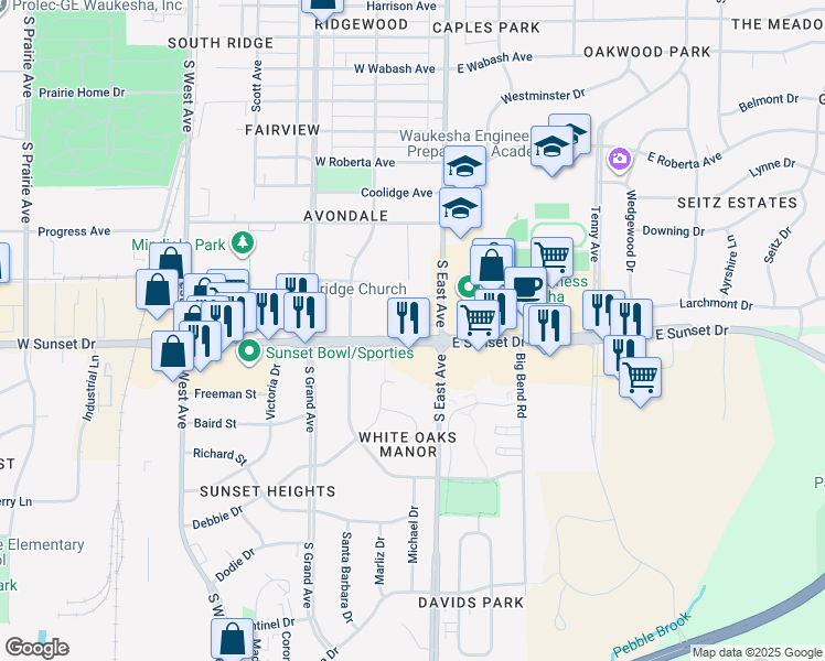 map of restaurants, bars, coffee shops, grocery stores, and more near 120 West Sunset Drive in Waukesha