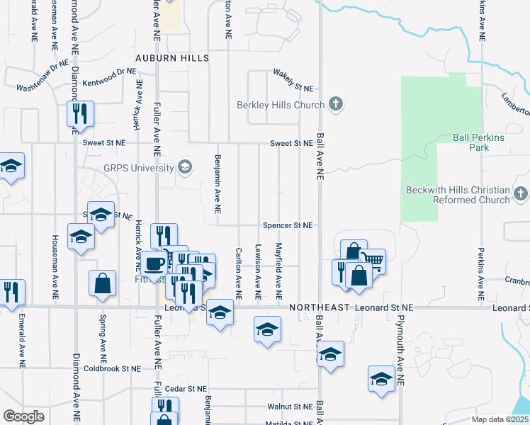 map of restaurants, bars, coffee shops, grocery stores, and more near 1426 Lewison Avenue Northeast in Grand Rapids