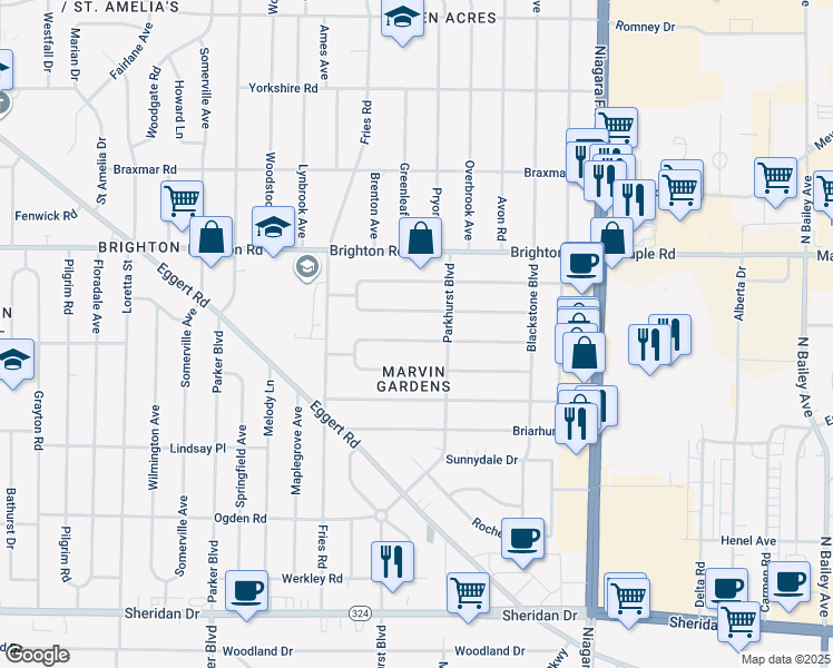 map of restaurants, bars, coffee shops, grocery stores, and more near 121 Calvin Court North in Tonawanda