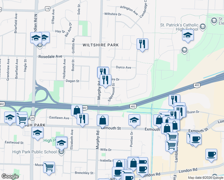 map of restaurants, bars, coffee shops, grocery stores, and more near 301 Edgewood Street in Sarnia