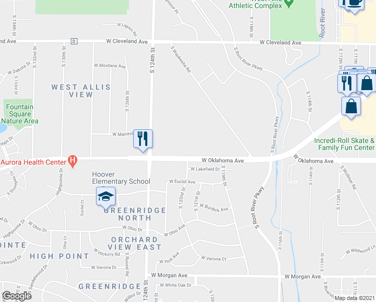 map of restaurants, bars, coffee shops, grocery stores, and more near 12134 West Oklahoma Avenue in West Allis