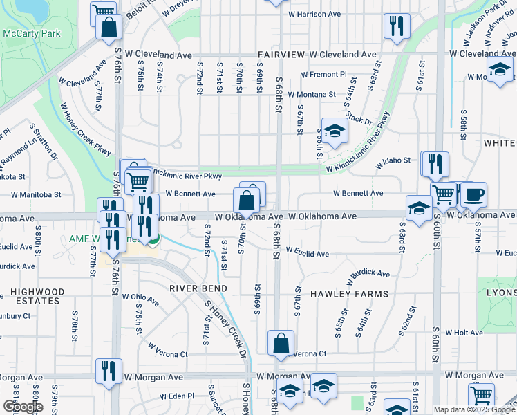 map of restaurants, bars, coffee shops, grocery stores, and more near 6836 West Oklahoma Avenue in Milwaukee