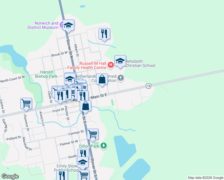 map of restaurants, bars, coffee shops, grocery stores, and more near 33 Main Street East in Norwich
