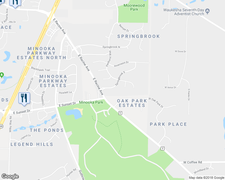 map of restaurants, bars, coffee shops, grocery stores, and more near 2019 Springbrook South in Waukesha