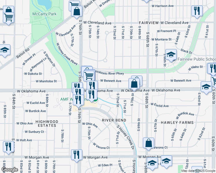 map of restaurants, bars, coffee shops, grocery stores, and more near 7250 West Oklahoma Avenue in West Allis