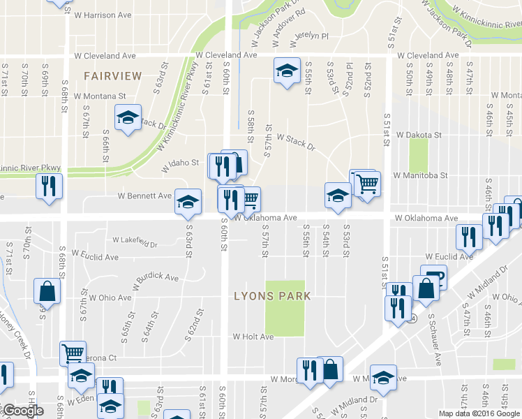 map of restaurants, bars, coffee shops, grocery stores, and more near 5702 West Oklahoma Avenue in Milwaukee