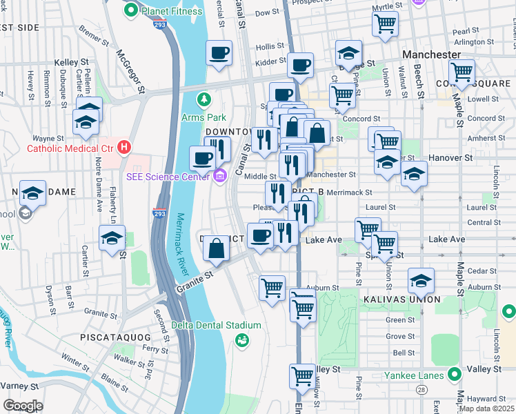 map of restaurants, bars, coffee shops, grocery stores, and more near Pleasant Street in Manchester