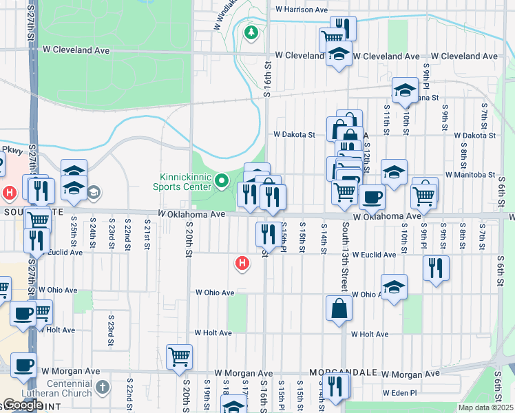 map of restaurants, bars, coffee shops, grocery stores, and more near 1600 West Oklahoma Avenue in Milwaukee