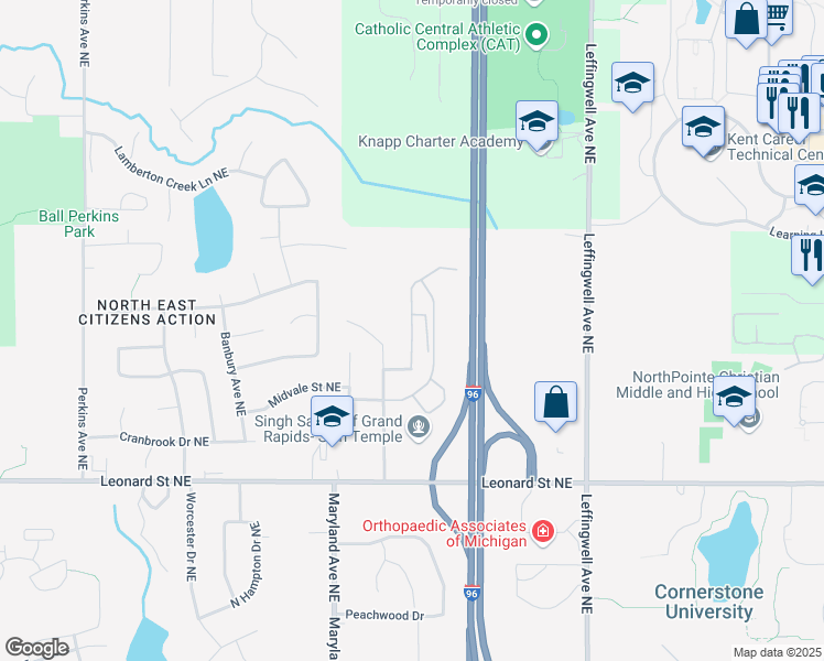 map of restaurants, bars, coffee shops, grocery stores, and more near 1433 Beckwith View Avenue Northeast in Grand Rapids