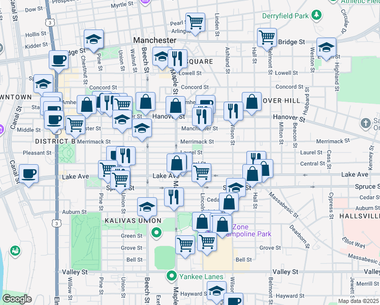 map of restaurants, bars, coffee shops, grocery stores, and more near 213 Laurel Street in Manchester