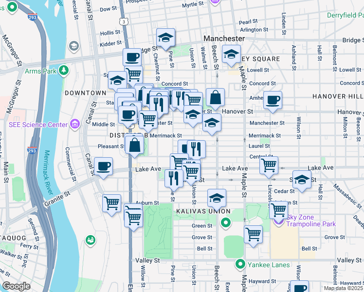 map of restaurants, bars, coffee shops, grocery stores, and more near 75 Laurel Street in Manchester
