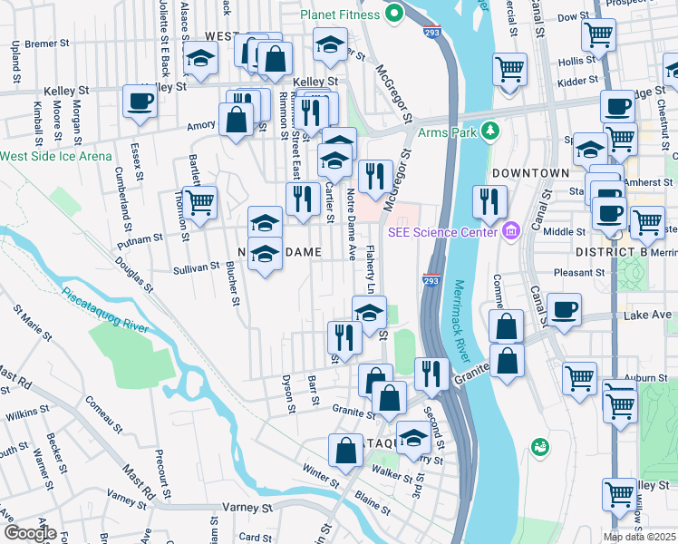 map of restaurants, bars, coffee shops, grocery stores, and more near 150 Cartier Street in Manchester